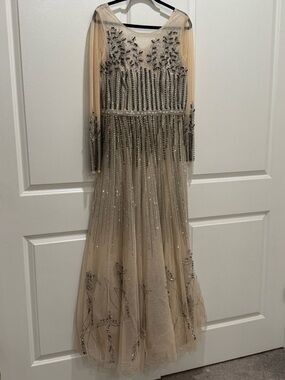 Elegant Beaded Long-Sleeve Evening Dress in Nude